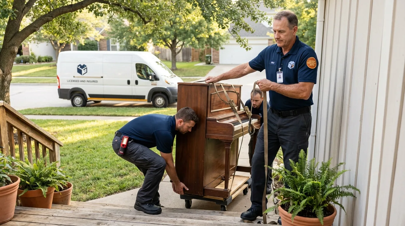 Licensed piano movers securing grand piano in Sandusky, MI