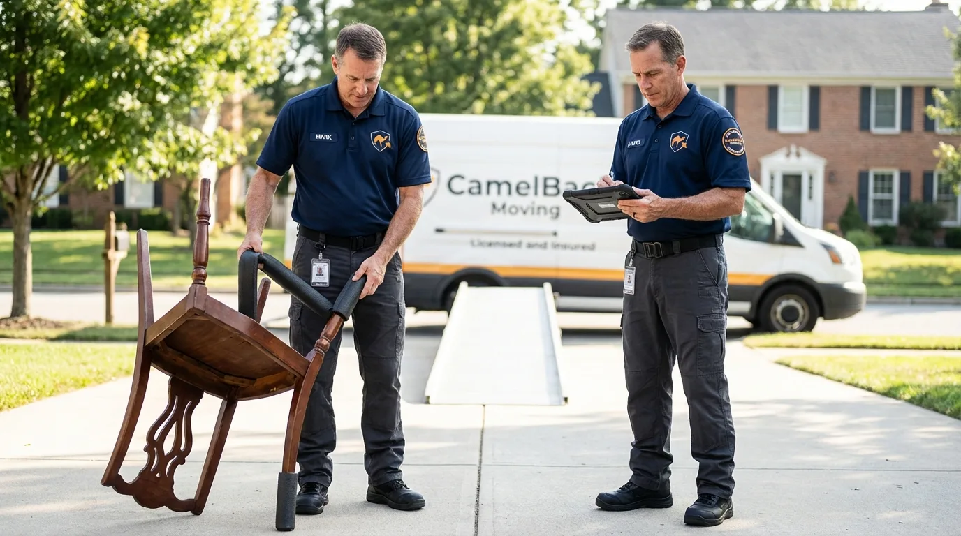Movers inspecting furniture for damage prevention before loading in Sandusky, MI