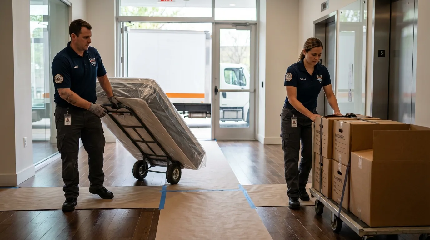 Professional apartment movers loading elevator in Sandusky, MI